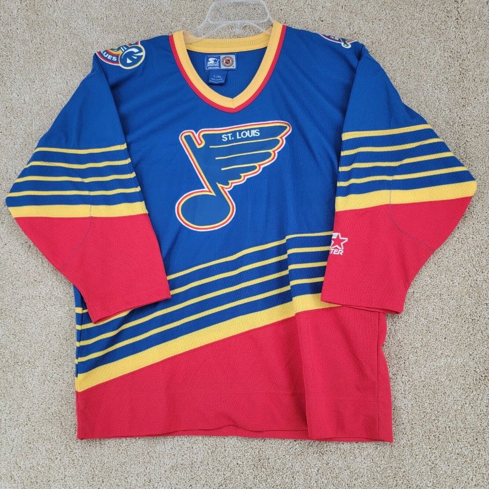 VINTAGE ST LOUIS BLUES NHL STARTER Large/XL Long Sleeve Patches Jersey V-Neck